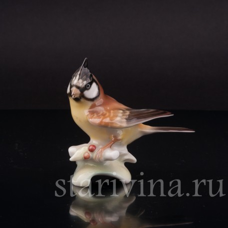 Фигурка птицы из фарфора Хохлатая синица, миниатюра, Hutschenreuther, Германия, 1955-68 гг.