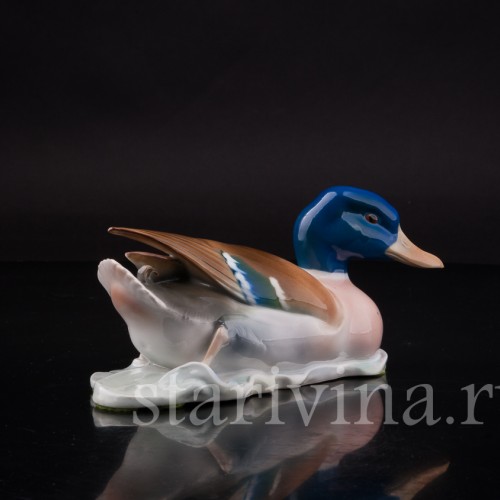 Фигурка птицы из фарфора Плывущий селезень, Metzler & Ortloff, Германия, 1930-72 гг.