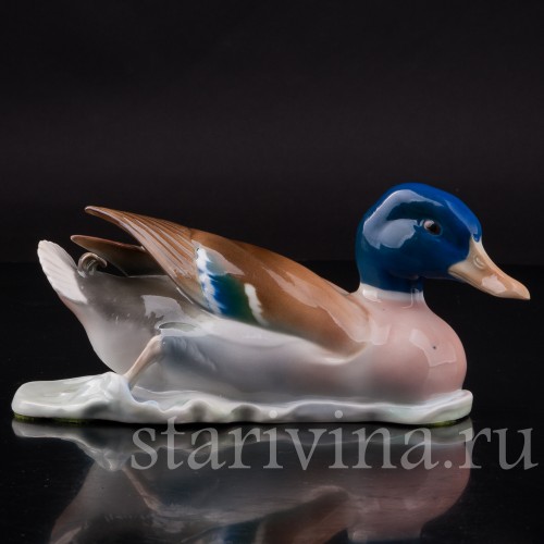 Фигурка птицы из фарфора Плывущий селезень, Metzler & Ortloff, Германия, 1930-72 гг.