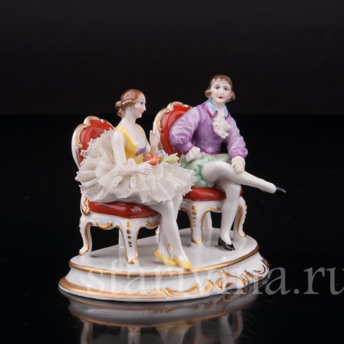 Фигурка из фарфора Балерина и кавалер, миниатюра, кружевная, Muller & Co, Германия, пер. пол. 20 в.