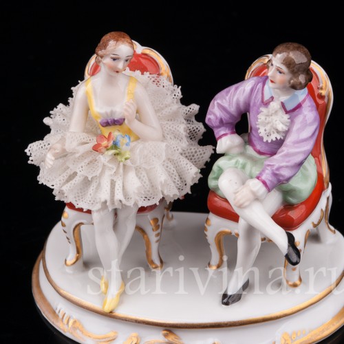 Фигурка из фарфора Балерина и кавалер, миниатюра, кружевная, Muller & Co, Германия, пер. пол. 20 в.