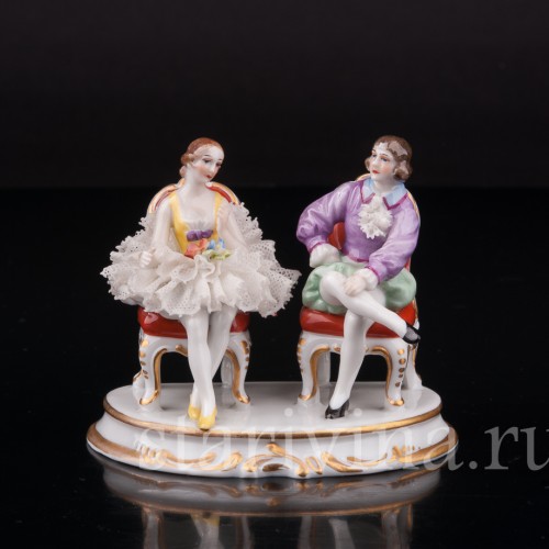 Фигурка из фарфора Балерина и кавалер, миниатюра, кружевная, Muller & Co, Германия, пер. пол. 20 в.