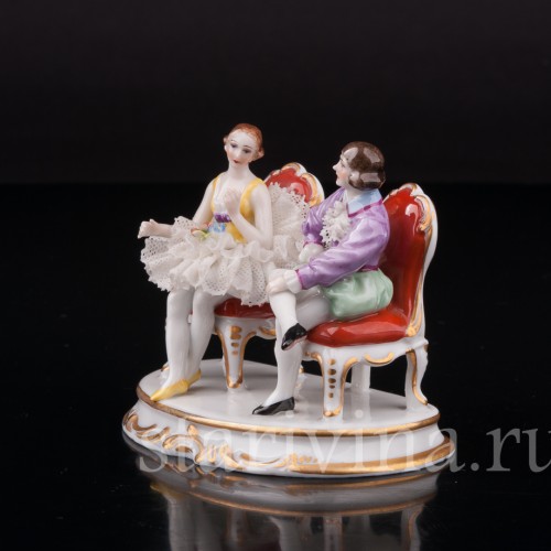 Фигурка из фарфора Балерина и кавалер, миниатюра, кружевная, Muller & Co, Германия, пер. пол. 20 в.