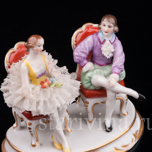 Фигурка из фарфора Балерина и кавалер, миниатюра, кружевная, Muller & Co, Германия, пер. пол. 20 в.