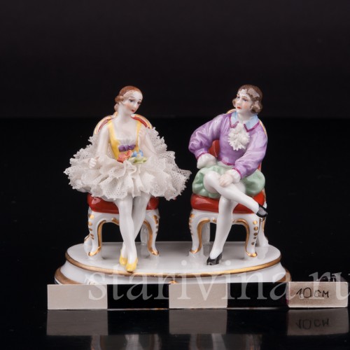 Фигурка из фарфора Балерина и кавалер, миниатюра, кружевная, Muller & Co, Германия, пер. пол. 20 в.
