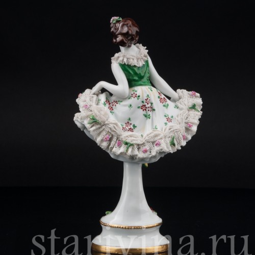 Фарфоровая статуэтка Балерина в зеленом платье, кружевная, Дрезден, Германия, нач. 20 в.