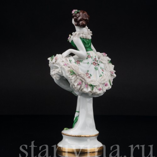 Фарфоровая статуэтка Балерина в зеленом платье, кружевная, Дрезден, Германия, нач. 20 в.