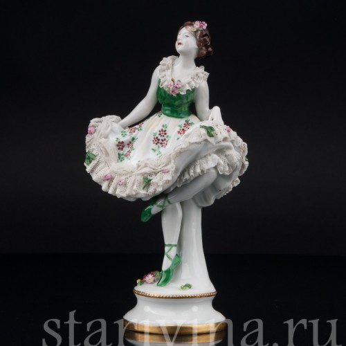 Фарфоровая статуэтка Балерина в зеленом платье, кружевная, Дрезден, Германия, нач. 20 в.