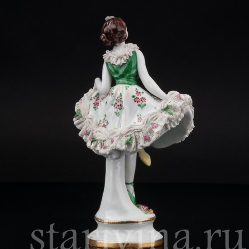 Фарфоровая статуэтка Балерина в зеленом платье, кружевная, Дрезден, Германия, нач. 20 в.