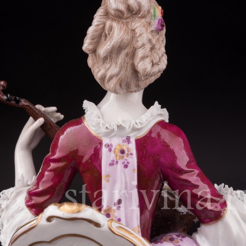 Фарфоровая статуэтка Дама с лютней, кружевная, Volkstedt, Германия, кон. 19 в.