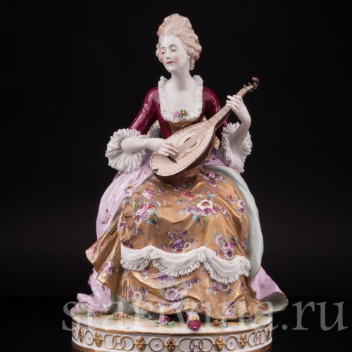 Фарфоровая статуэтка Дама с лютней, кружевная, Volkstedt, Германия, кон. 19 в.