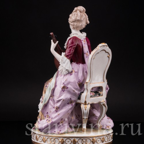 Фарфоровая статуэтка Дама с лютней, кружевная, Volkstedt, Германия, кон. 19 в.