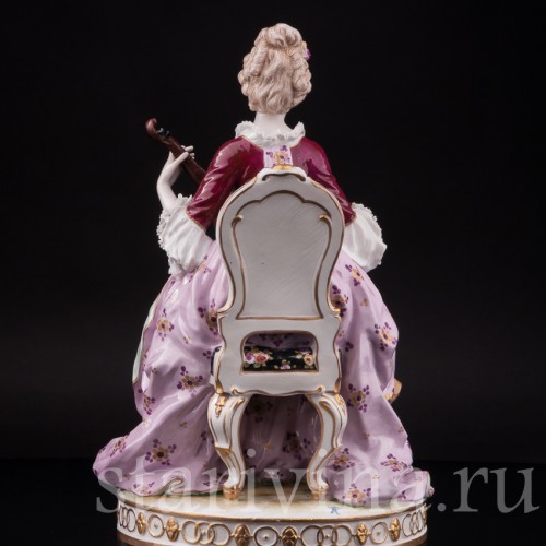 Фарфоровая статуэтка Дама с лютней, кружевная, Volkstedt, Германия, кон. 19 в.