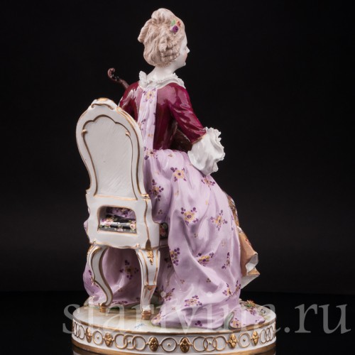 Фарфоровая статуэтка Дама с лютней, кружевная, Volkstedt, Германия, кон. 19 в.