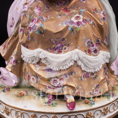 Фарфоровая статуэтка Дама с лютней, кружевная, Volkstedt, Германия, кон. 19 в.