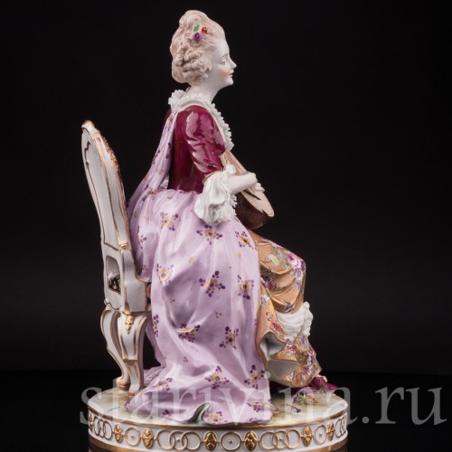 Фарфоровая статуэтка Дама с лютней, кружевная, Volkstedt, Германия, кон. 19 в.