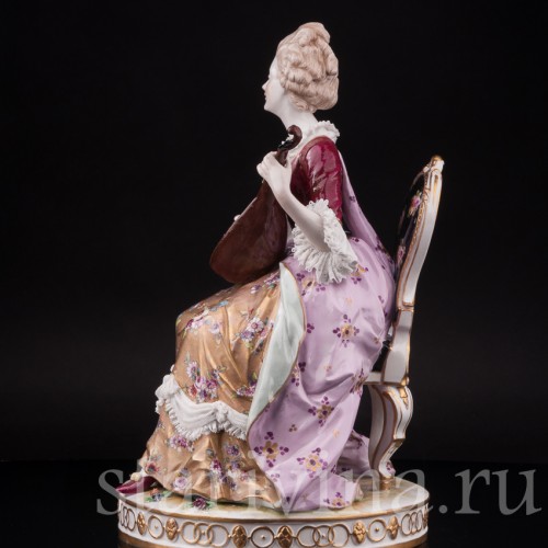 Фарфоровая статуэтка Дама с лютней, кружевная, Volkstedt, Германия, кон. 19 в.