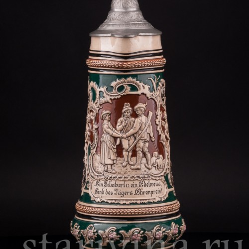 Старинный пивной кувшин Прощание охотника, 1.5 л, Albert Jacob Thewalt, Германия, кон. 19 в.