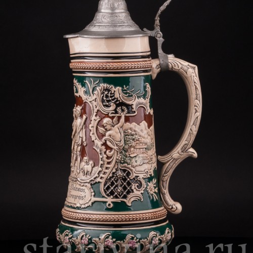 Старинный пивной кувшин Прощание охотника, 1.5 л, Albert Jacob Thewalt, Германия, кон. 19 в.