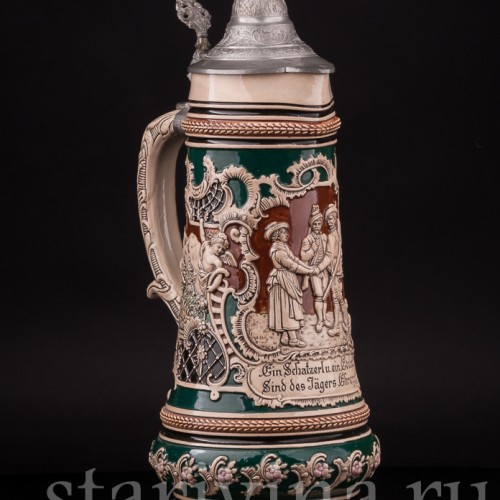 Старинный пивной кувшин Прощание охотника, 1.5 л, Albert Jacob Thewalt, Германия, кон. 19 в.