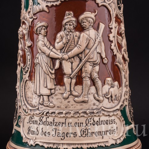 Старинный пивной кувшин Прощание охотника, 1.5 л, Albert Jacob Thewalt, Германия, кон. 19 в.