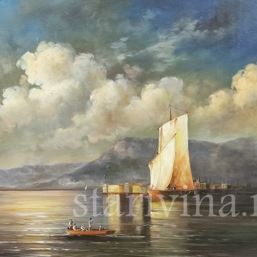 Картина маслом на доске Вид на залив на закате, Германия, сер. 20 в.