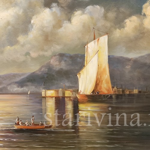 Картина маслом на доске Вид на залив на закате, Германия, сер. 20 в.