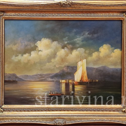 Картина маслом на доске Вид на залив на закате, Германия, сер. 20 в.