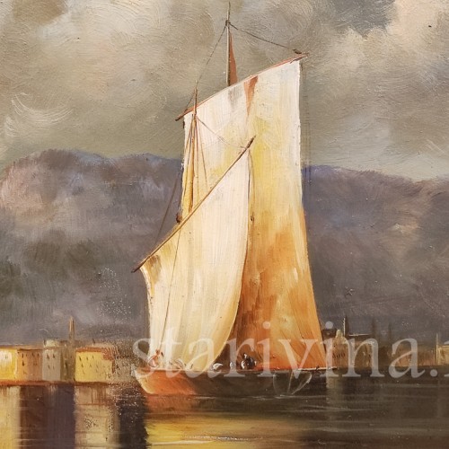 Картина маслом на доске Вид на залив на закате, Германия, сер. 20 в.