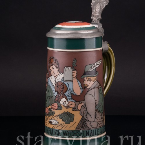 Старинная пивная кружка Игроки в карты, 1/2 л, Villeroy & Boch, Германия, 1908 г.