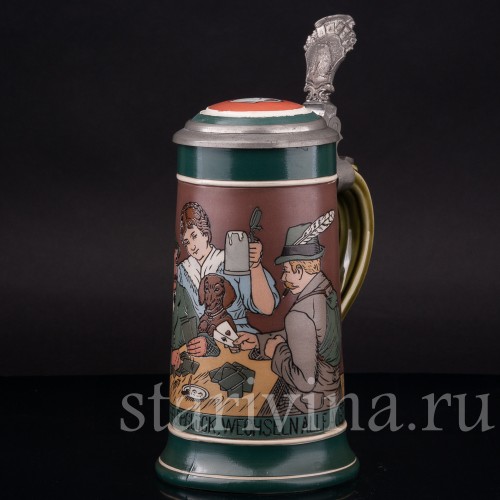Старинная пивная кружка Игроки в карты, 1/2 л, Villeroy & Boch, Германия, 1908 г.