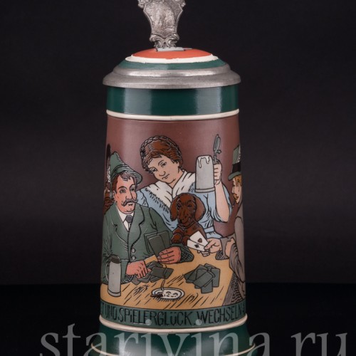 Старинная пивная кружка Игроки в карты, 1/2 л, Villeroy & Boch, Германия, 1908 г.