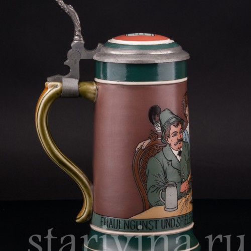 Старинная пивная кружка Игроки в карты, 1/2 л, Villeroy & Boch, Германия, 1908 г.