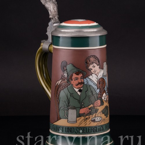 Старинная пивная кружка Игроки в карты, 1/2 л, Villeroy & Boch, Германия, 1908 г.