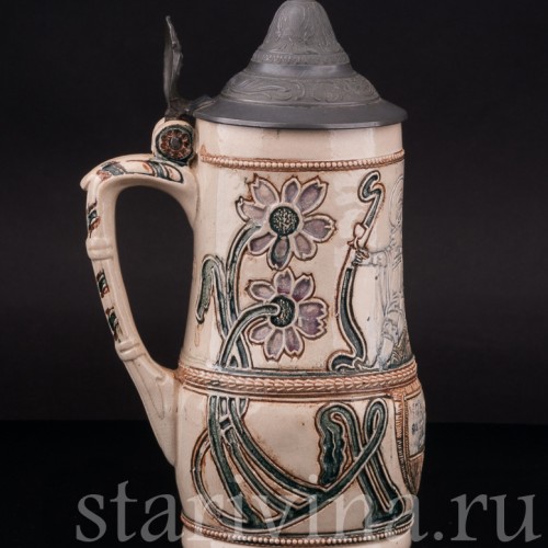 Старинная пивная кружка Гномы на бочке, 1/2 л, Diesinger, Германия, кон. 19 - нач. 20 вв.