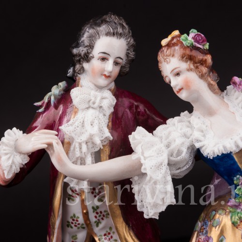Фарфоровая статуэтка балерины Камарго с кавалером, кружевная, Volkstedt, Германия, до 1936 г.