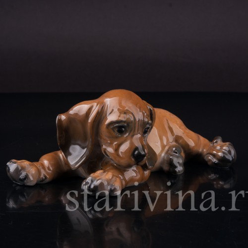 Фигурка собаки из фарфора Лежащий щенок таксы Rosenthal, Германия, 1930-40 гг.