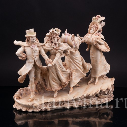 Фарфоровая композиция Весёлая прогулка на коньках, Зима, Royal Wien, Австрия, кон. 19 в.