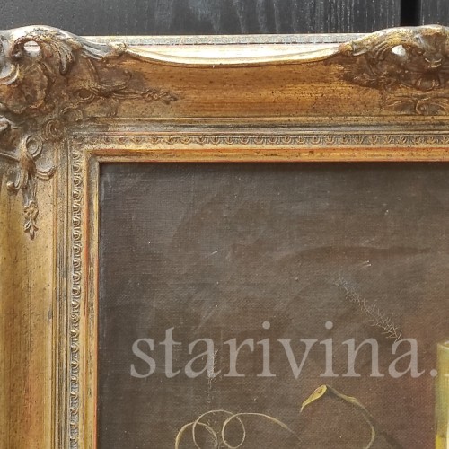 Картина маслом на холсте Натюрморт с бокалом, персиком и виноградом, Германия, сер. 20 в.