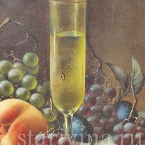 Картина маслом на холсте Натюрморт с бокалом, персиком и виноградом, Германия, сер. 20 в.