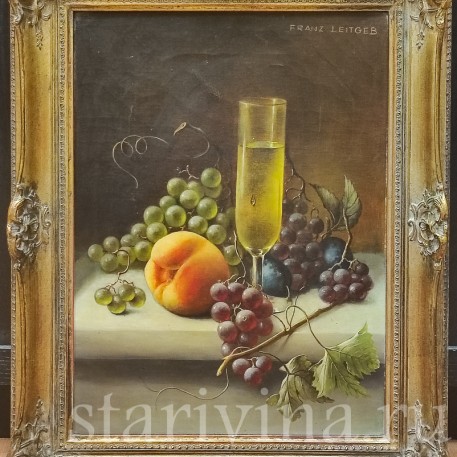 Картина маслом на холсте Натюрморт с бокалом, персиком и виноградом, Германия, сер. 20 в.
