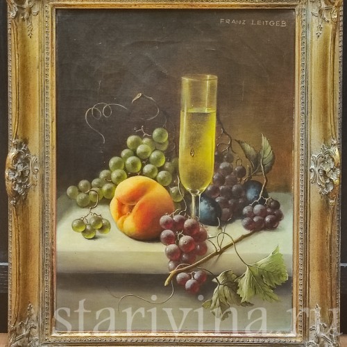 Картина маслом на холсте Натюрморт с бокалом, персиком и виноградом, Германия, сер. 20 в.