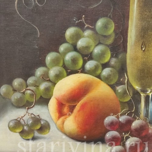 Картина маслом на холсте Натюрморт с бокалом, персиком и виноградом, Германия, сер. 20 в.