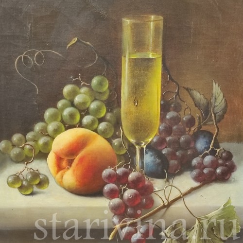 Картина маслом на холсте Натюрморт с бокалом, персиком и виноградом, Германия, сер. 20 в.