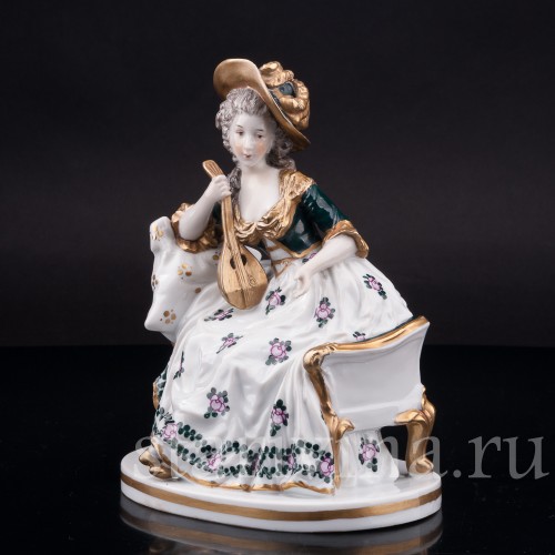 Фарфоровая статуэтка Дама в шляпе с лютней, Ernst Bohne Sohne, Германия, нач. 20 в.