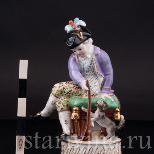 Фарфоровая статуэтка Охотник с собакой, Jacob Petit, Франция, перв. пол. 19 в.
