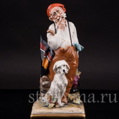 Фарфоровая статуэтка Мужчина с собакой и зонтиком, Capodimonte, Италия, 1970-е гг.