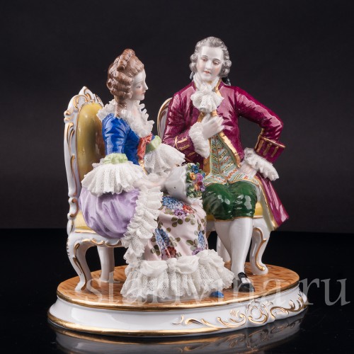 Фарфоровая статуэтка Пара на креслах, кружевная, Muller & Co, Германия, перв. пол. 20 в.