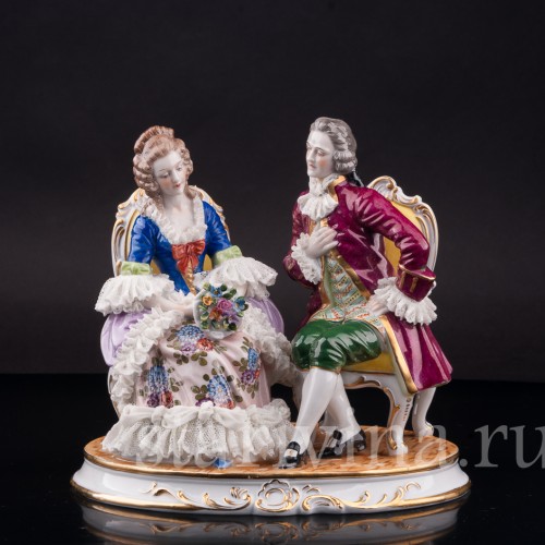 Фарфоровая статуэтка Пара на креслах, кружевная, Muller & Co, Германия, перв. пол. 20 в.