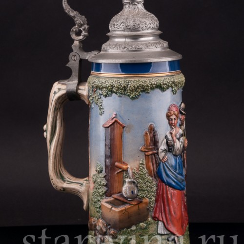 Старинная пивная кружка У колодца, 1/2 л, Albert Jacob Thewalt, Германия, 1907 - 1920 гг.